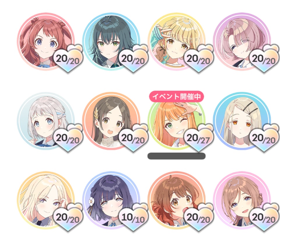 アイドルの親愛度一覧